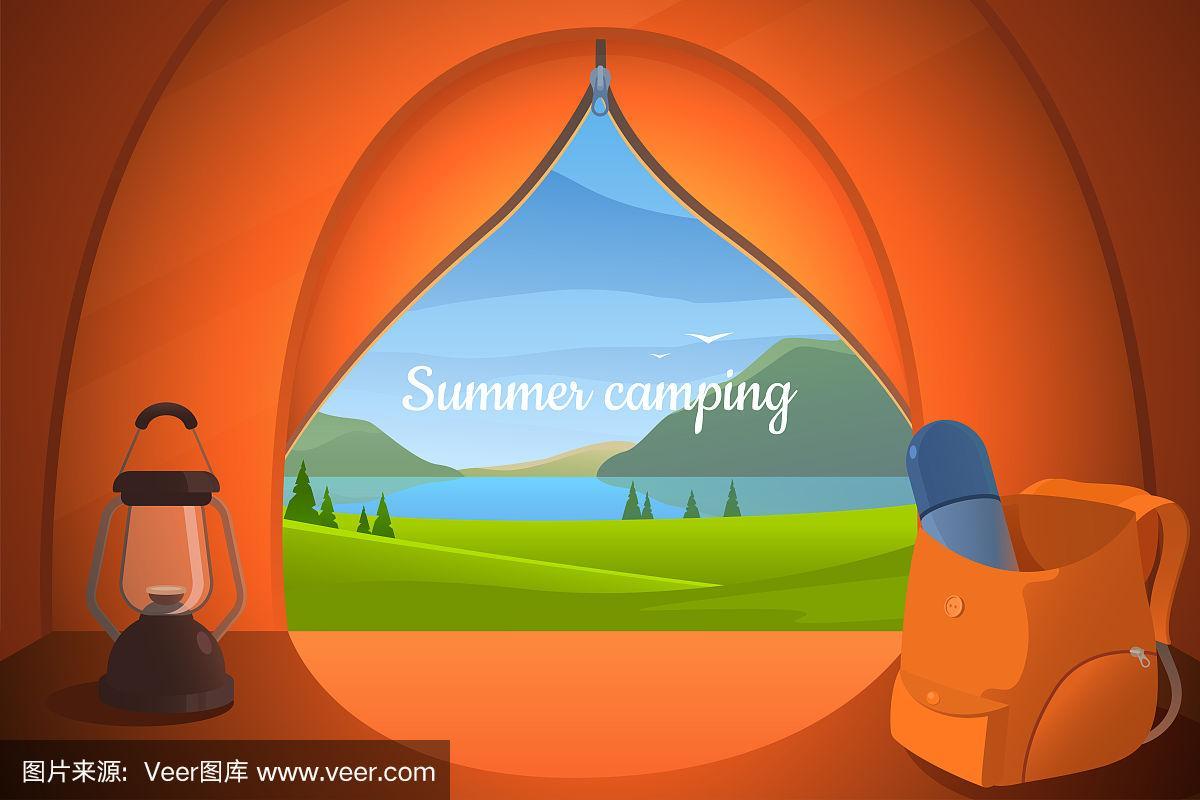 从游客帐篷矢量图来看.露营.山景和湖景.背包里有热水瓶和台灯.